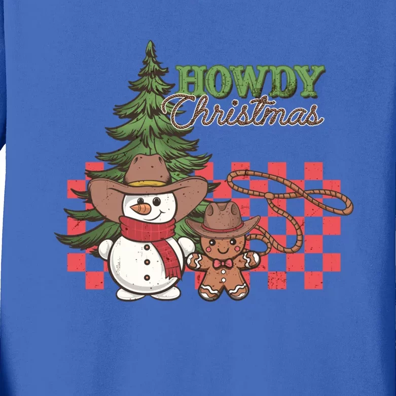 Howdy Christmas Snow Gingerbread Retro Christmas Cow Great Gift Kids Long Sleeve Shirt