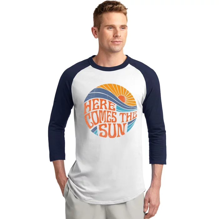 Here Comes The Sun Vintage Retro Sixties Surf Summer Beach Baseball Sleeve Shirt