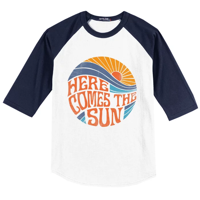 Here Comes The Sun Vintage Retro Sixties Surf Summer Beach Baseball Sleeve Shirt