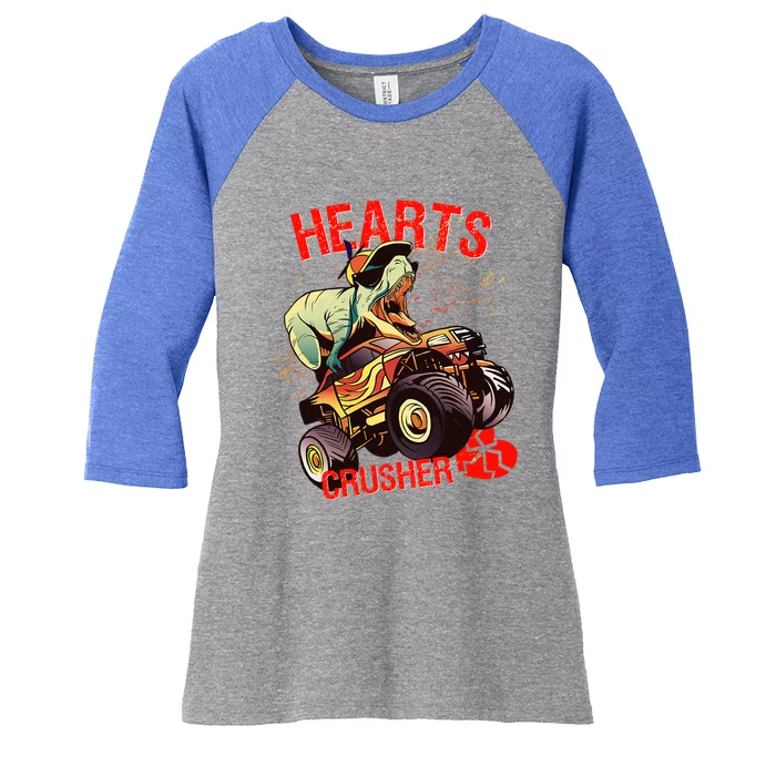 Hearts Crusher T Rex Dinosaur Riding Monster Truck Gift Women's Tri-Blend 3/4-Sleeve Raglan Shirt