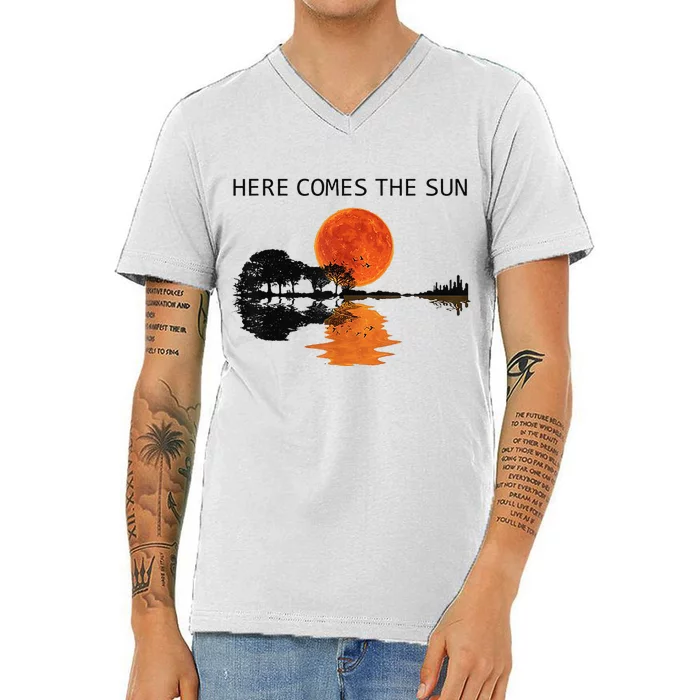 Here Comes The Sun Guitar Shadow Sunset V-Neck T-Shirt