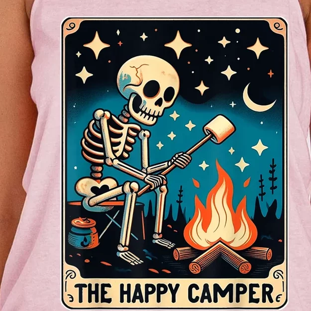 Happy Camper Tarot Card Skeleton Camper Funny Camping Great Gift Women's Knotted Racerback Tank