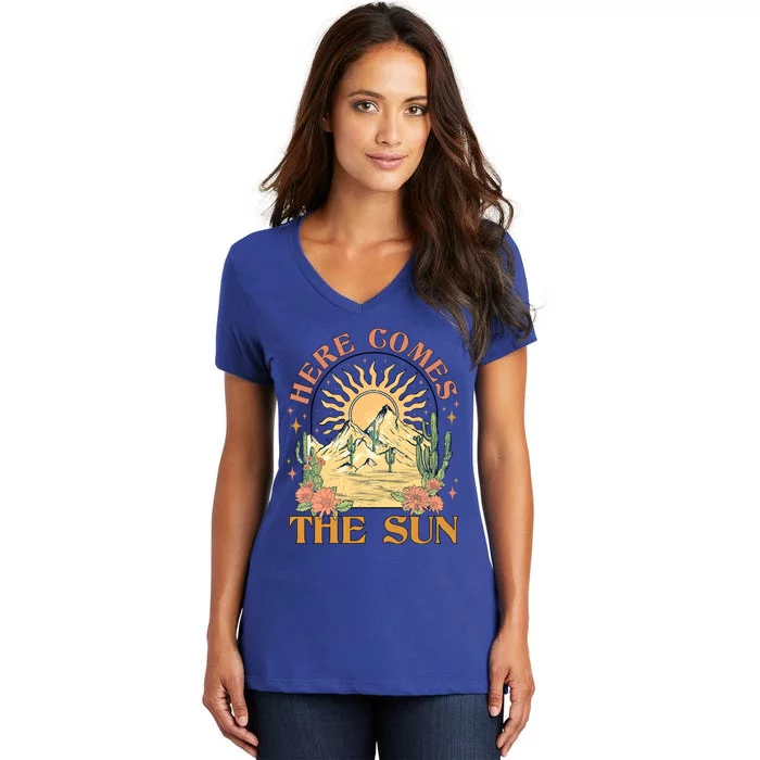 Here Comes The Sun Summer Vibes Summertime Vacation Funny Gift Women's V-Neck T-Shirt