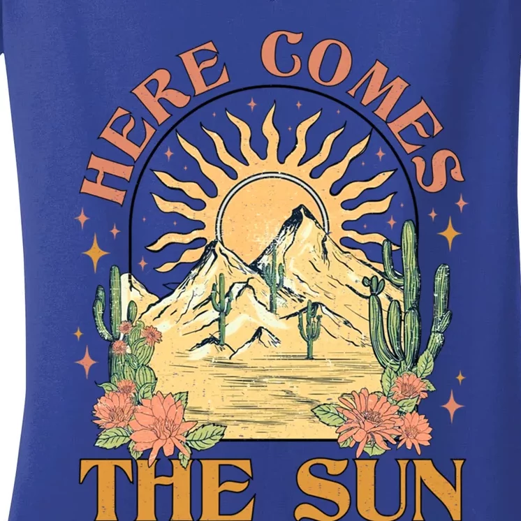 Here Comes The Sun Summer Vibes Summertime Vacation Funny Gift Women's V-Neck T-Shirt