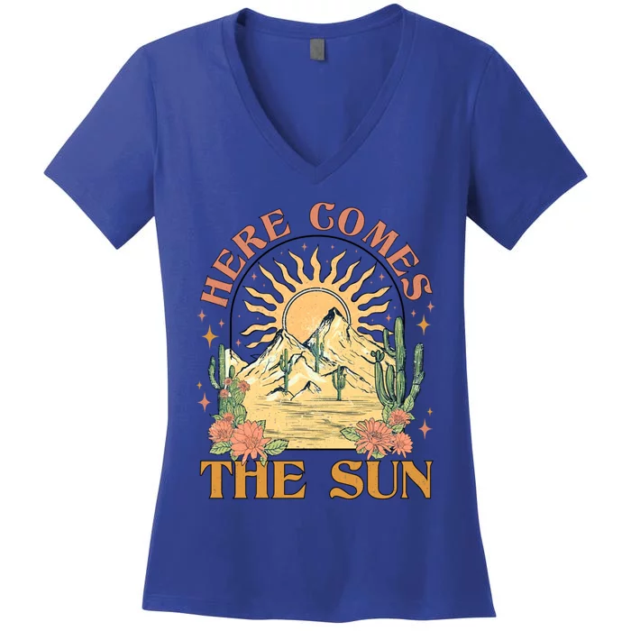 Here Comes The Sun Summer Vibes Summertime Vacation Funny Gift Women's V-Neck T-Shirt