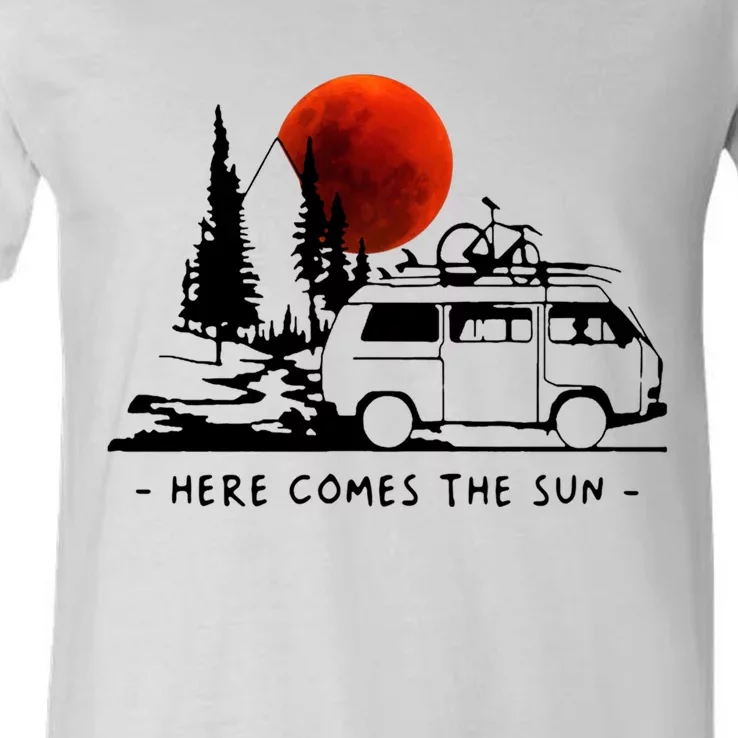 Here Comes The Sun Camping Life Cute Gift V-Neck T-Shirt