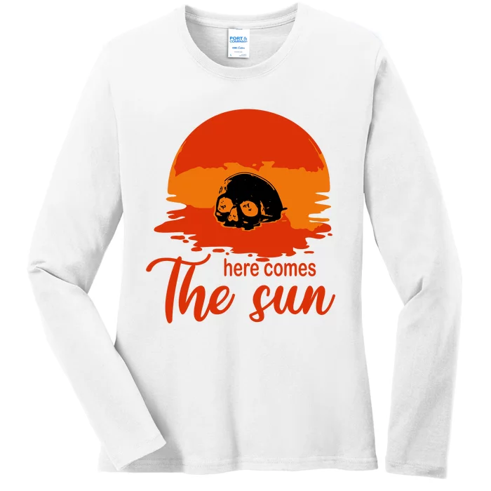 Here Comes The Sun Spooky Skull Vintage Halloween Ladies Long Sleeve Shirt