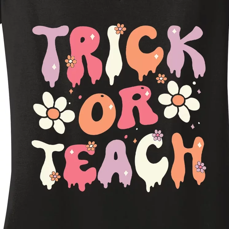 Halloween Costume Trick or Teach Ghost Groovy 70s Party Women's V-Neck T-Shirt