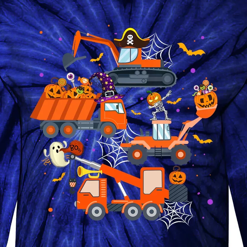 Halloween Crane Truck Construction Pumpkin Boy Tie-Dye Long Sleeve Shirt