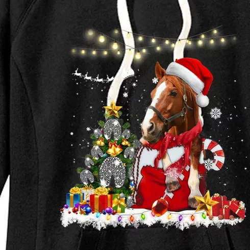 Horse Christmas Tree Hat Santa Lights Funny Horse Xmas Gift Women's Fleece Hoodie