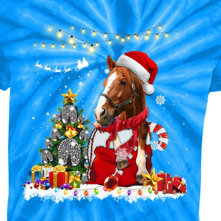 Horse Christmas Tree Hat Santa Lights Funny Horse Xmas Gift Kids Tie-Dye T-Shirt