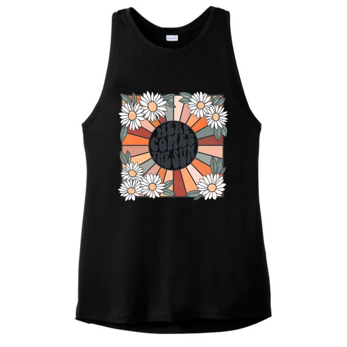 Here Comes The Sun Retro Flower Floral Ladies Tri-Blend Wicking Tank