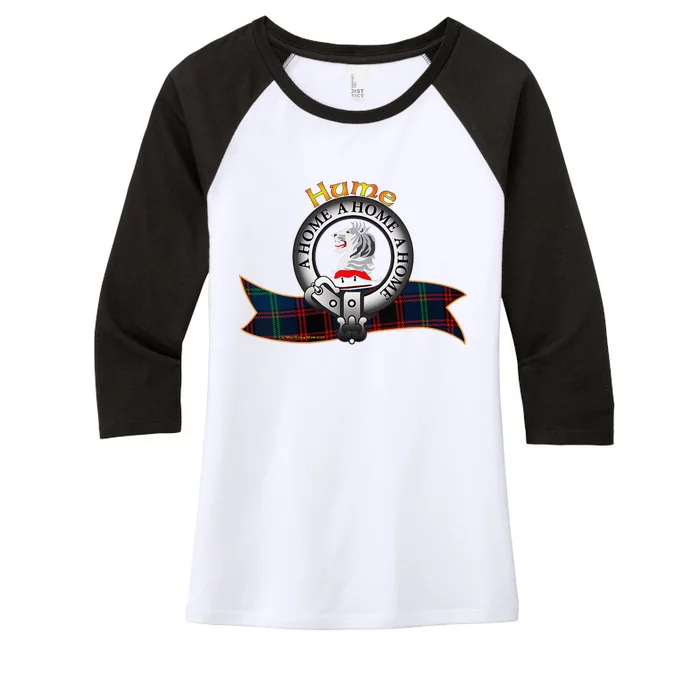 Hume Clan Tartan Crest Motto V Neck Women's Tri-Blend 3/4-Sleeve Raglan Shirt