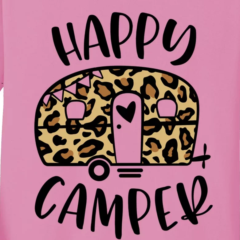 Happy Camper Trendy Leopard Camping Adventure Gift Kids Long Sleeve Shirt