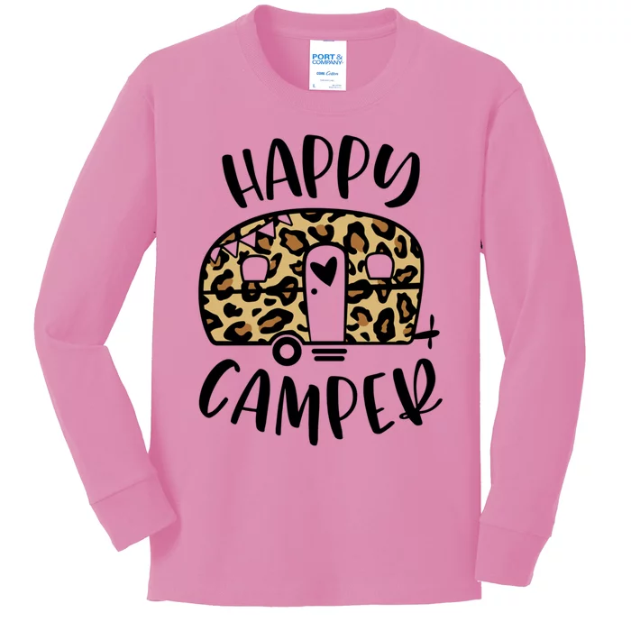 Happy Camper Trendy Leopard Camping Adventure Gift Kids Long Sleeve Shirt