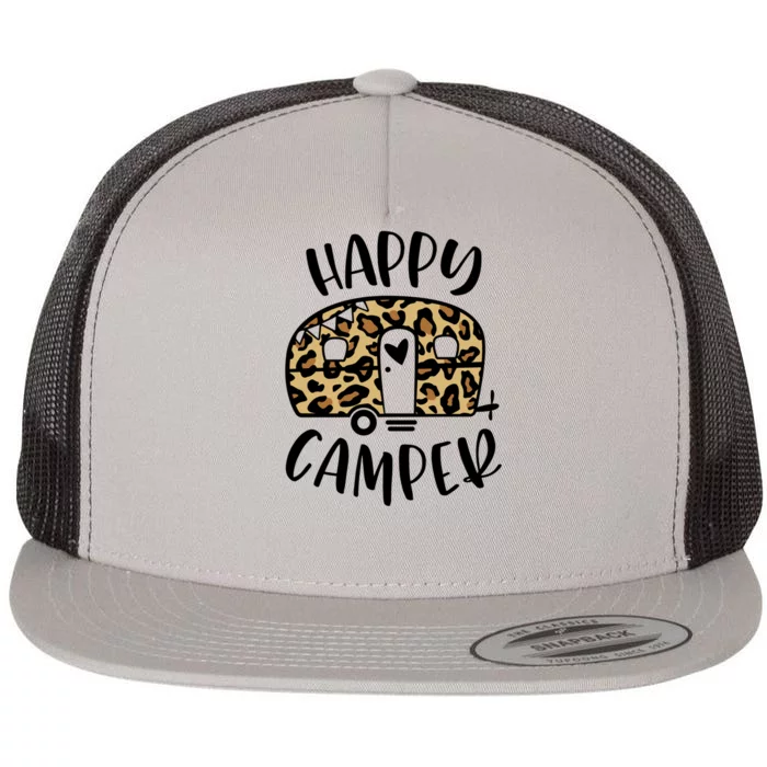 Happy Camper Trendy Leopard Camping Adventure Gift Flat Bill Trucker Hat