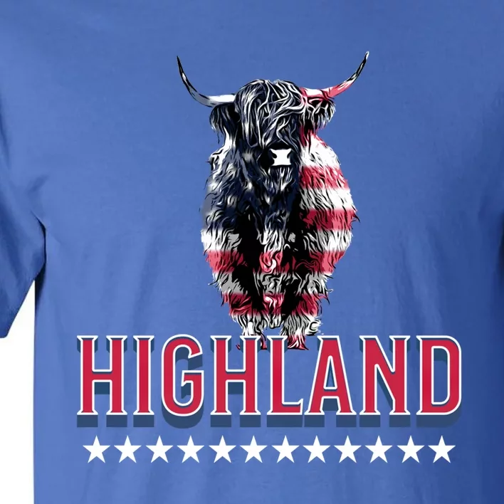 Highland Cow Usa Flag Farmer Patriotic Cow Lover Meaningful Gift Tall T-Shirt