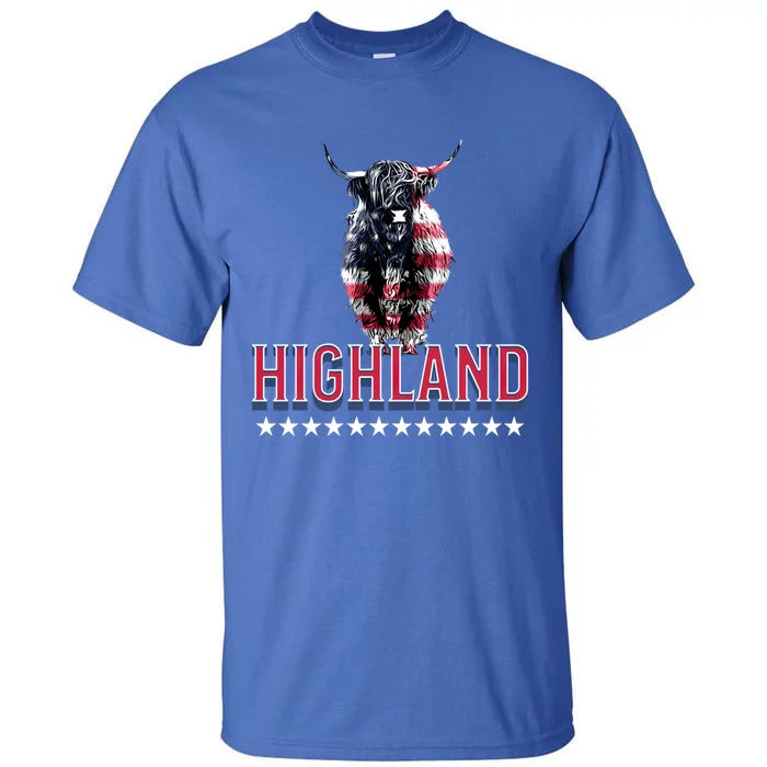 Highland Cow Usa Flag Farmer Patriotic Cow Lover Meaningful Gift Tall T-Shirt