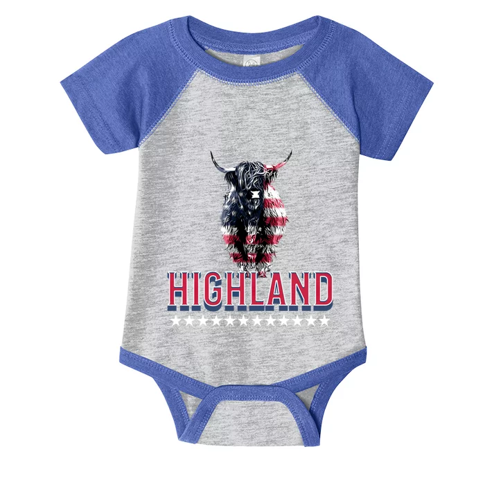 Highland Cow Usa Flag Farmer Patriotic Cow Lover Meaningful Gift Infant Baby Jersey Bodysuit