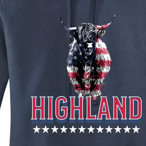 Highland Cow Usa Flag Farmer Patriotic Cow Lover Meaningful Gift Women's Pullover Hoodie