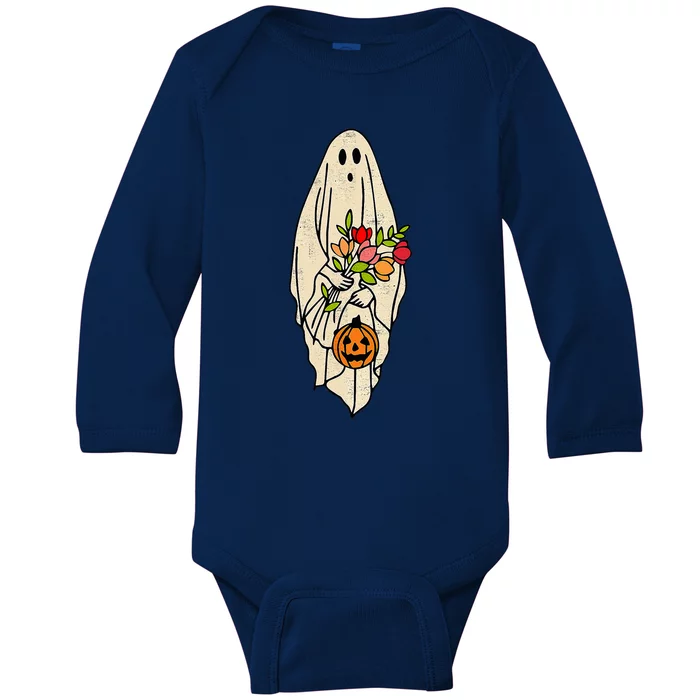 Halloween Costume Vintage Floral Ghost Pumpkin Funny Graphic Baby Long Sleeve Bodysuit