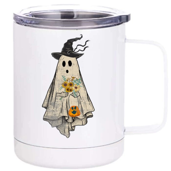 Halloween Costume Vintage Floral Ghost Pumpkin Funny Graphic Front & Back 12oz Stainless Steel Tumbler Cup