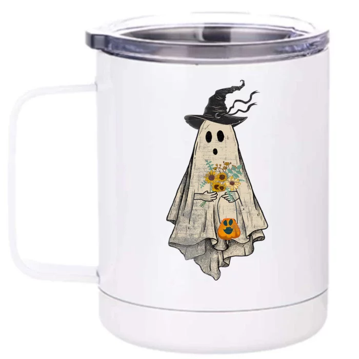 Halloween Costume Vintage Floral Ghost Pumpkin Funny Graphic Front & Back 12oz Stainless Steel Tumbler Cup