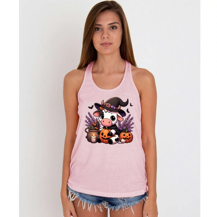 Halloween Cow Witchy Cow Spooky Pumpkin Hello Fall Gift Women's Knotted Racerback Tank