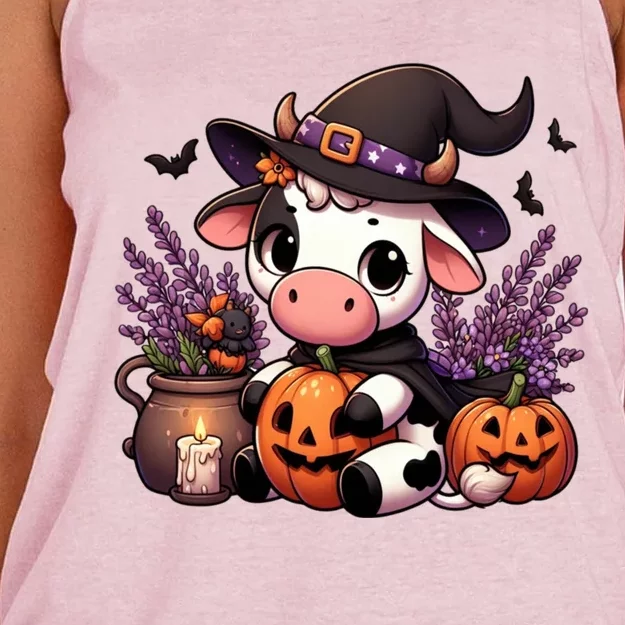 Halloween Cow Witchy Cow Spooky Pumpkin Hello Fall Gift Women's Knotted Racerback Tank