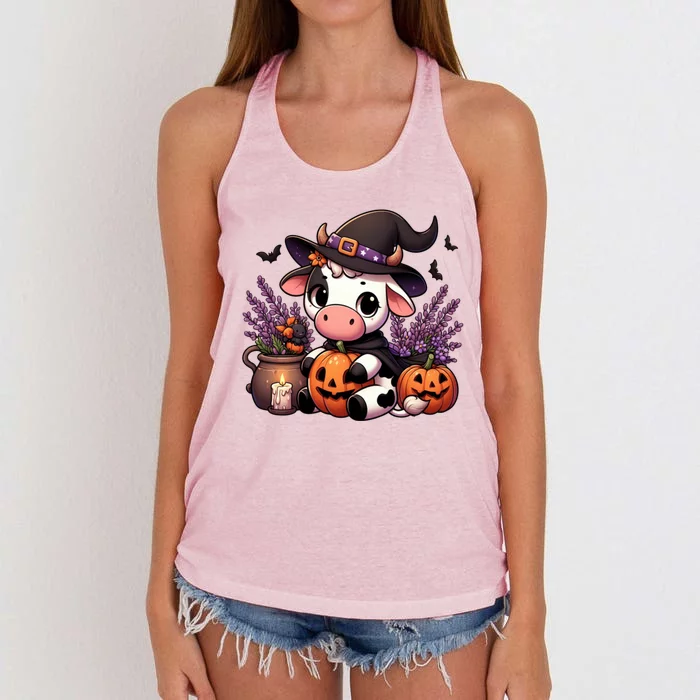 Halloween Cow Witchy Cow Spooky Pumpkin Hello Fall Gift Women's Knotted Racerback Tank