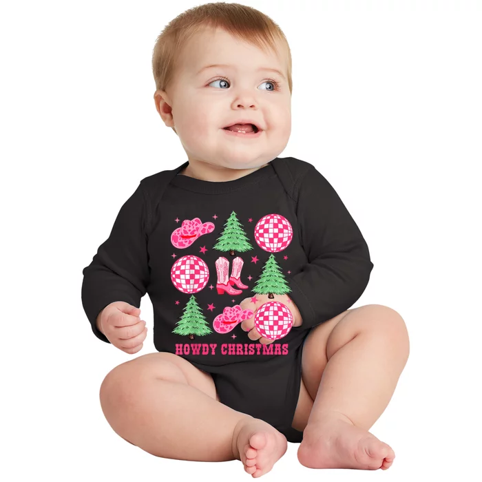 Howdy Christmas Western Cowgirl Boots And Hats Xmas Trees Baby Long Sleeve Bodysuit