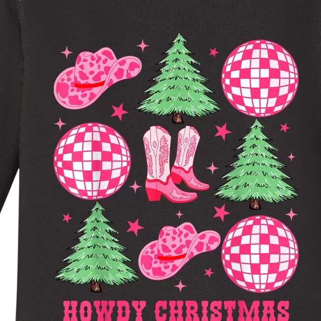 Howdy Christmas Western Cowgirl Boots And Hats Xmas Trees Baby Long Sleeve Bodysuit