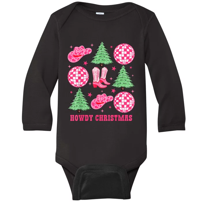 Howdy Christmas Western Cowgirl Boots And Hats Xmas Trees Baby Long Sleeve Bodysuit