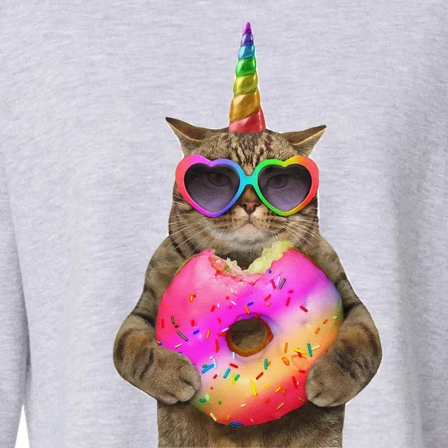 Humor Cat With Donut Funny Cat Bites Donut Cropped Pullover Crew