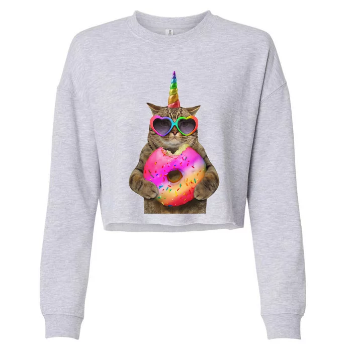 Humor Cat With Donut Funny Cat Bites Donut Cropped Pullover Crew