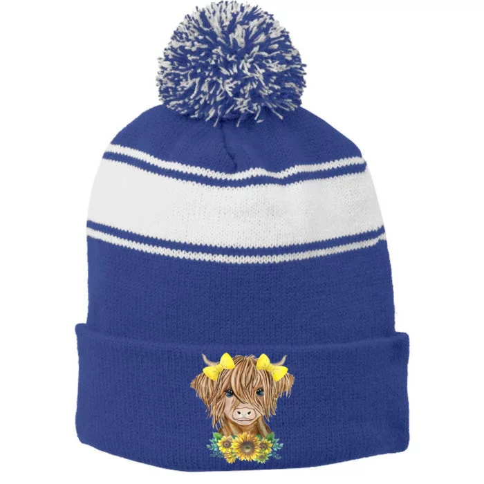 Highland Cow With Sunflowers Stripe Pom Pom Beanie