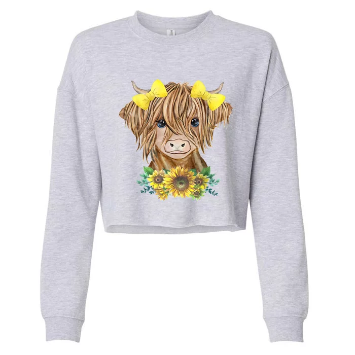 Highland Cow With Sunflowers Cropped Pullover Crew