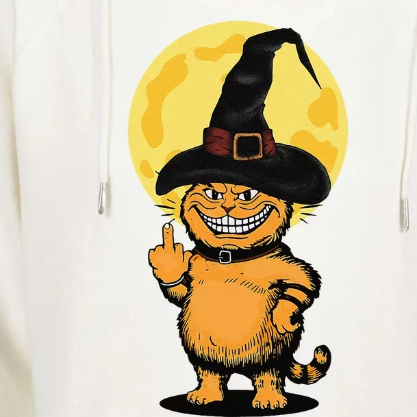 Halloween Cat Wearing Witch Hat With The Middle Finger Funny Womens Funnel Neck Pullover Hood