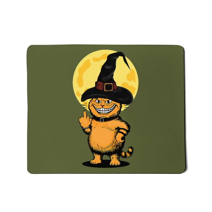 Halloween Cat Wearing Witch Hat With The Middle Finger Funny Mousepad