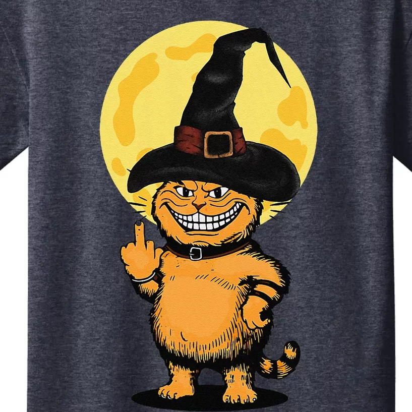 Halloween Cat Wearing Witch Hat With The Middle Finger Funny Kids T-Shirt