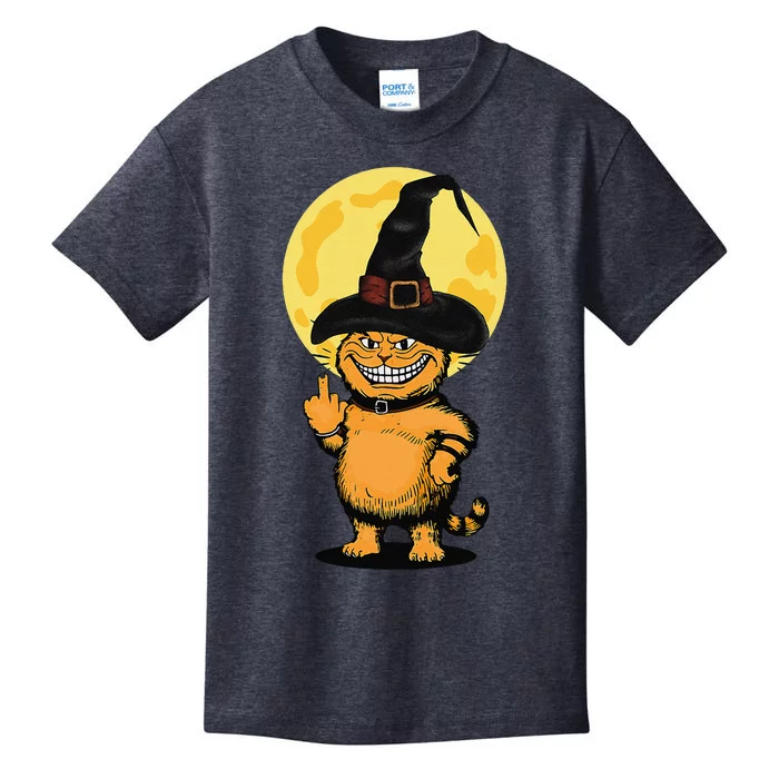 Halloween Cat Wearing Witch Hat With The Middle Finger Funny Kids T-Shirt