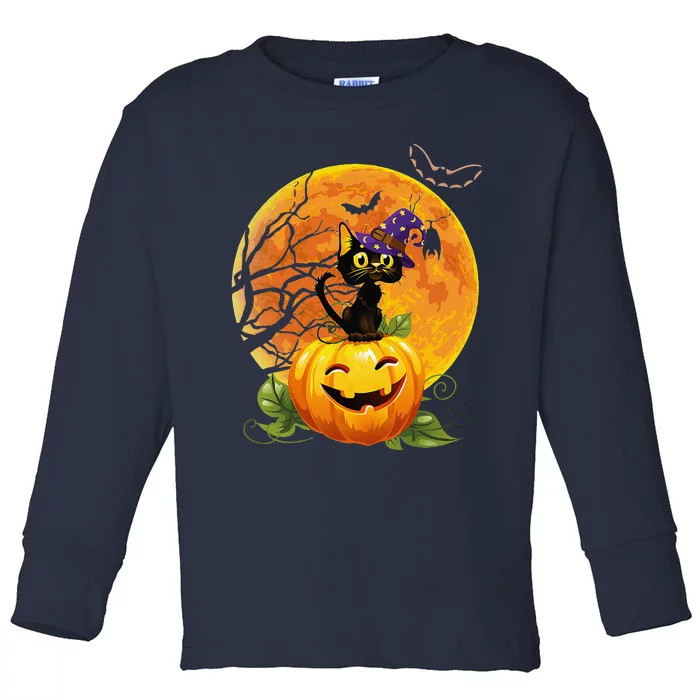 Halloween Cute Witch Cat Mom Pumpkin Moon Spooky Cat Toddler Long Sleeve Shirt