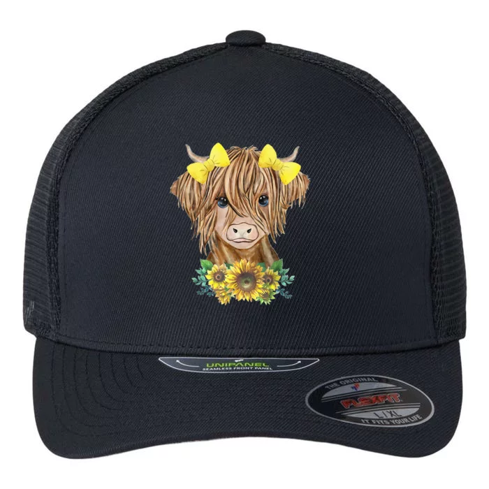 Highland Cow With Sunflowers Flexfit Unipanel Trucker Cap