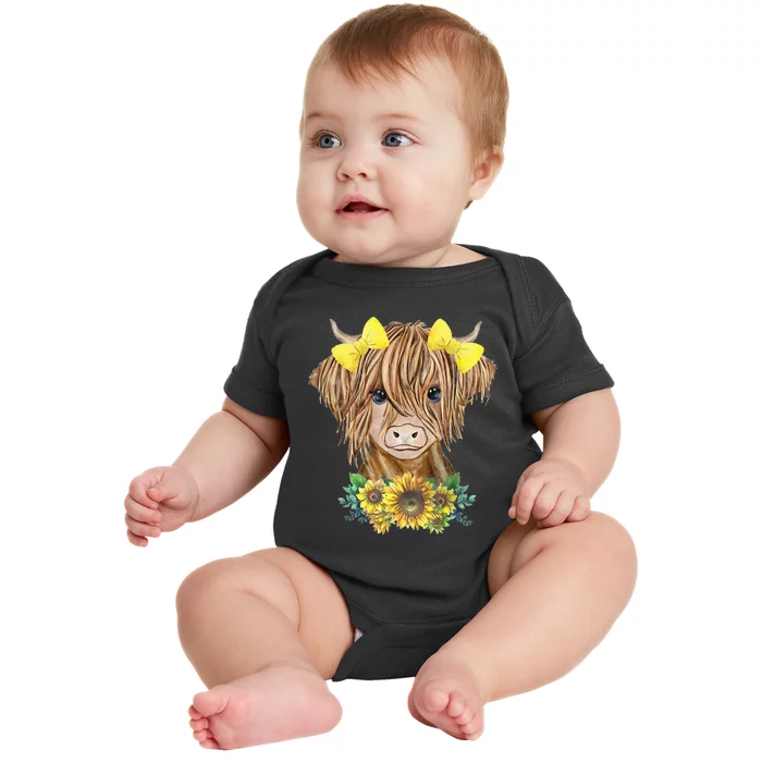 Highland Cow With Sunflowers Baby Bodysuit