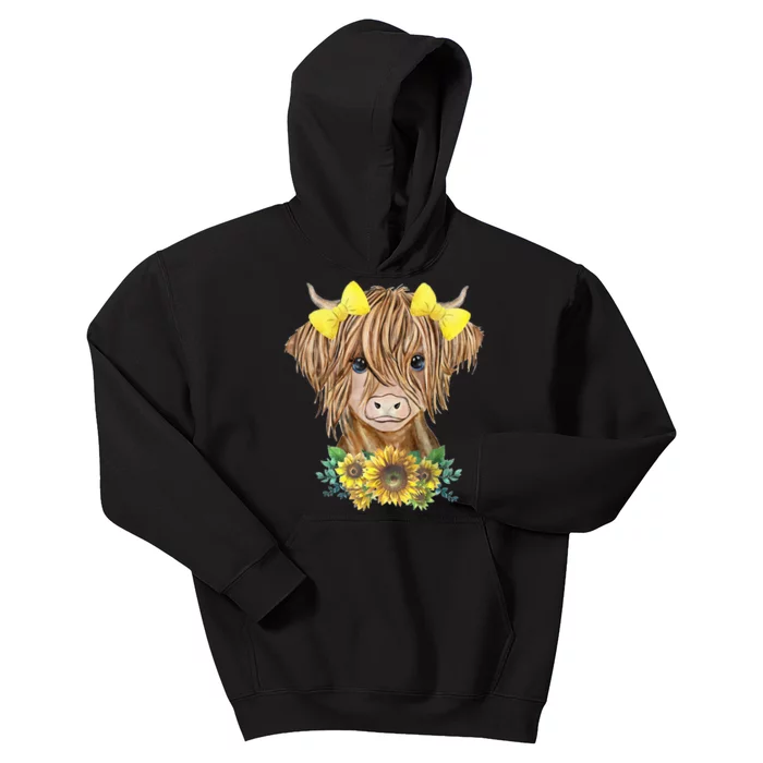 Highland Cow With Sunflowers Kids Hoodie