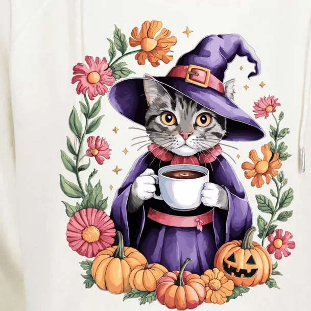 Halloween Cat Witch Hat Coffee Pumpkins Floral Cat Witch Cute Gift Womens Funnel Neck Pullover Hood