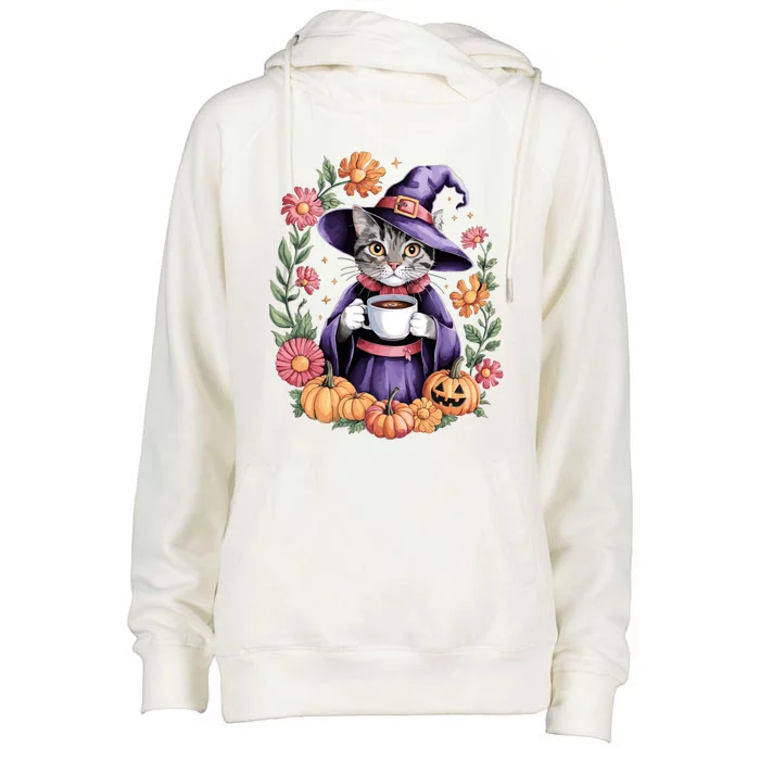 Halloween Cat Witch Hat Coffee Pumpkins Floral Cat Witch Cute Gift Womens Funnel Neck Pullover Hood