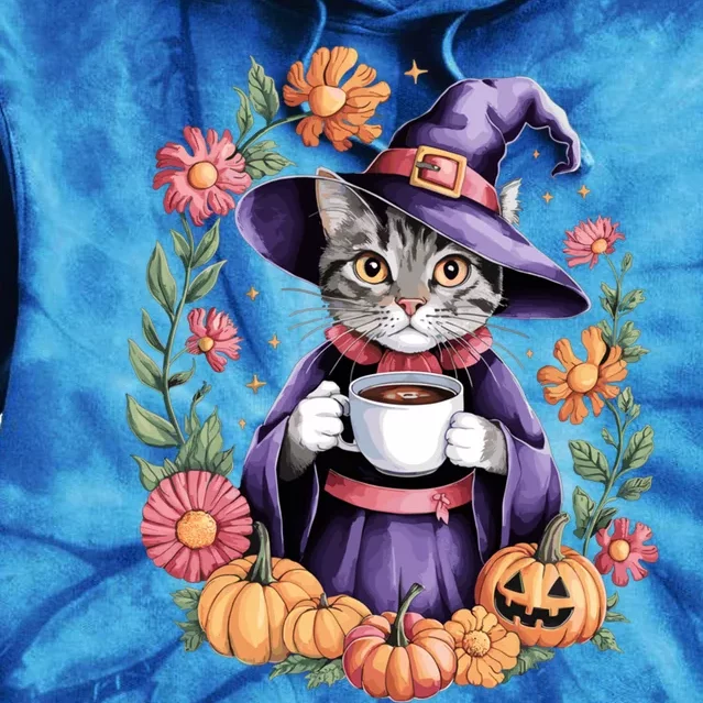 Halloween Cat Witch Hat Coffee Pumpkins Floral Cat Witch Cute Gift Tie Dye Hoodie