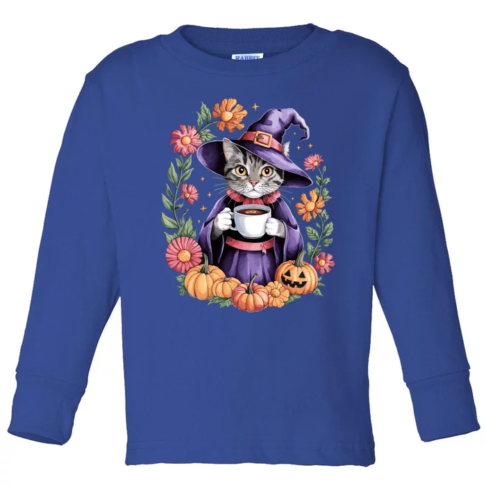 Halloween Cat Witch Hat Coffee Pumpkins Floral Cat Witch Cute Gift Toddler Long Sleeve Shirt