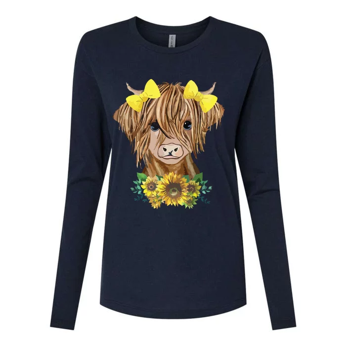 Highland Cow With Sunflowers Womens Cotton Relaxed Long Sleeve T-Shirt